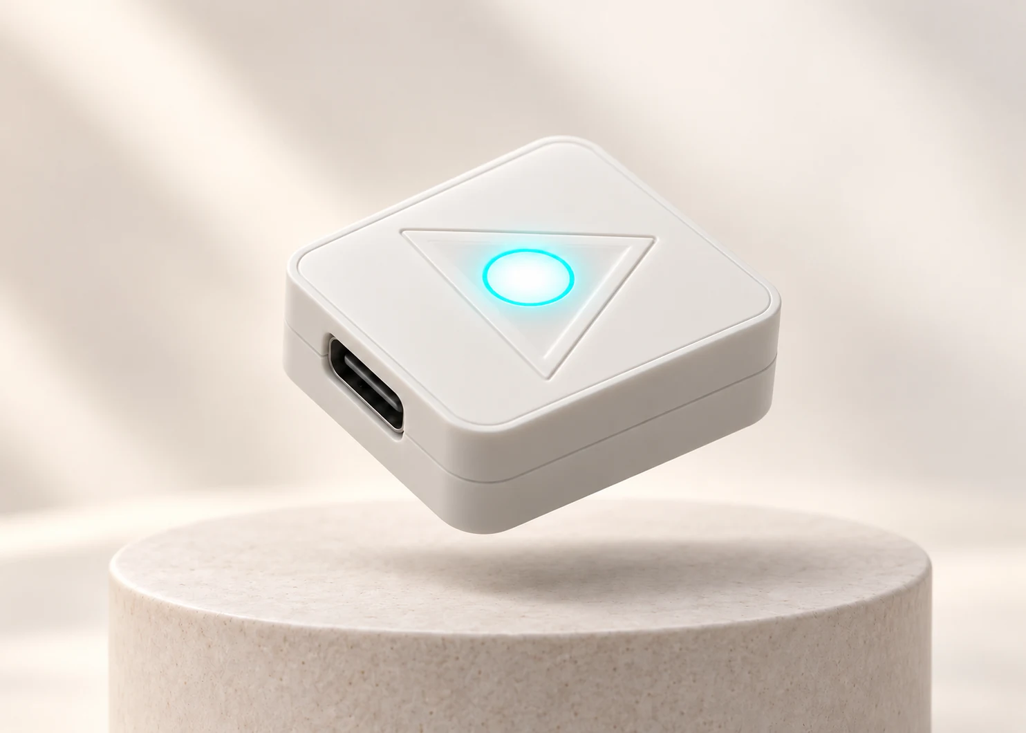 Concept render of the compact white TriPylon Touch hardware wallet, with a cyan light and USB-C port, above a stone plinth