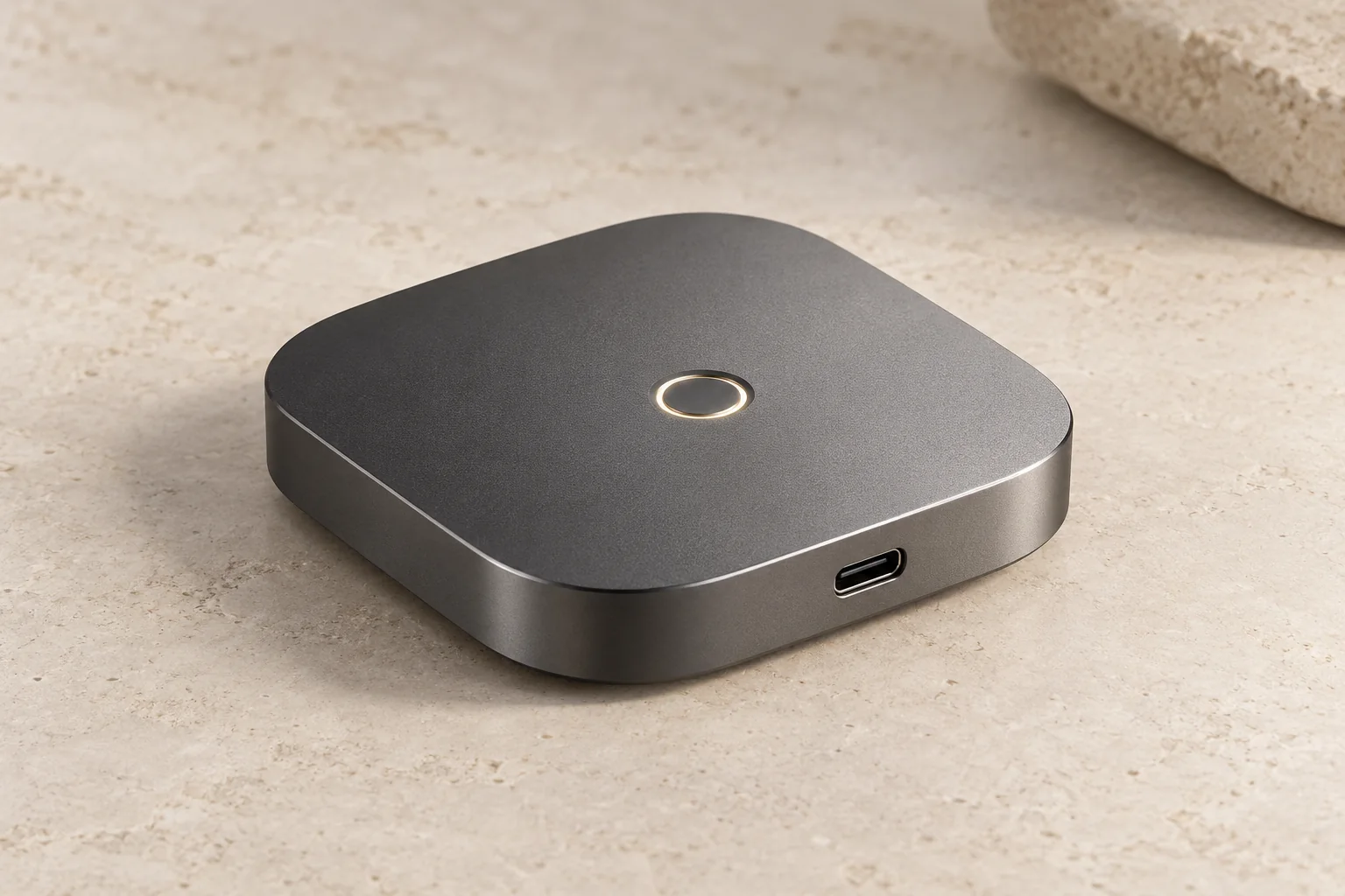 Concept render of a compact graphite metal White Label hardware wallet with a USB-C port